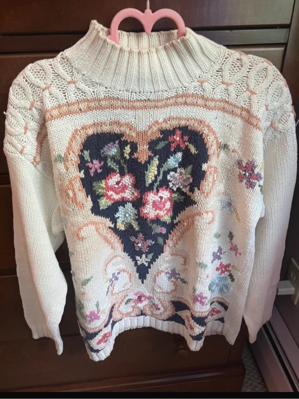 Vintage Granny Core Beldoch Popper Cream Floral Heart Cable-Knit Sweater